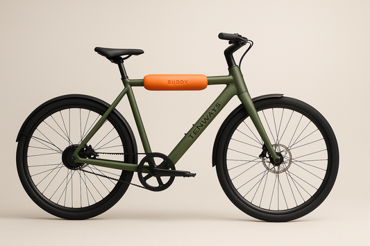 Green bicycle with orange uBuddy Seat on a beige background